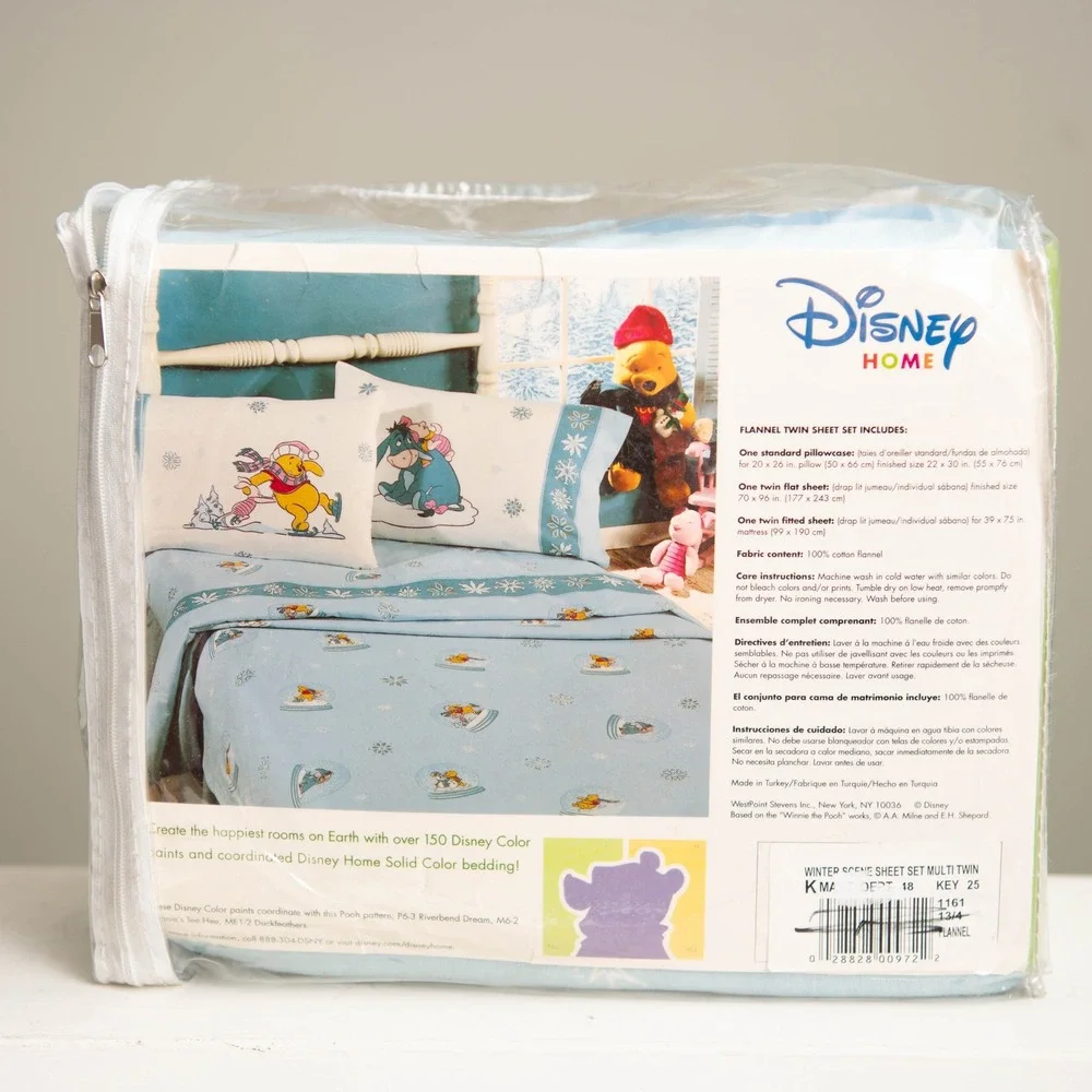 Vintage‎ Winnie the Pooh Flannel Twin Sheet Set NEW! Disney Home Winter Scene
